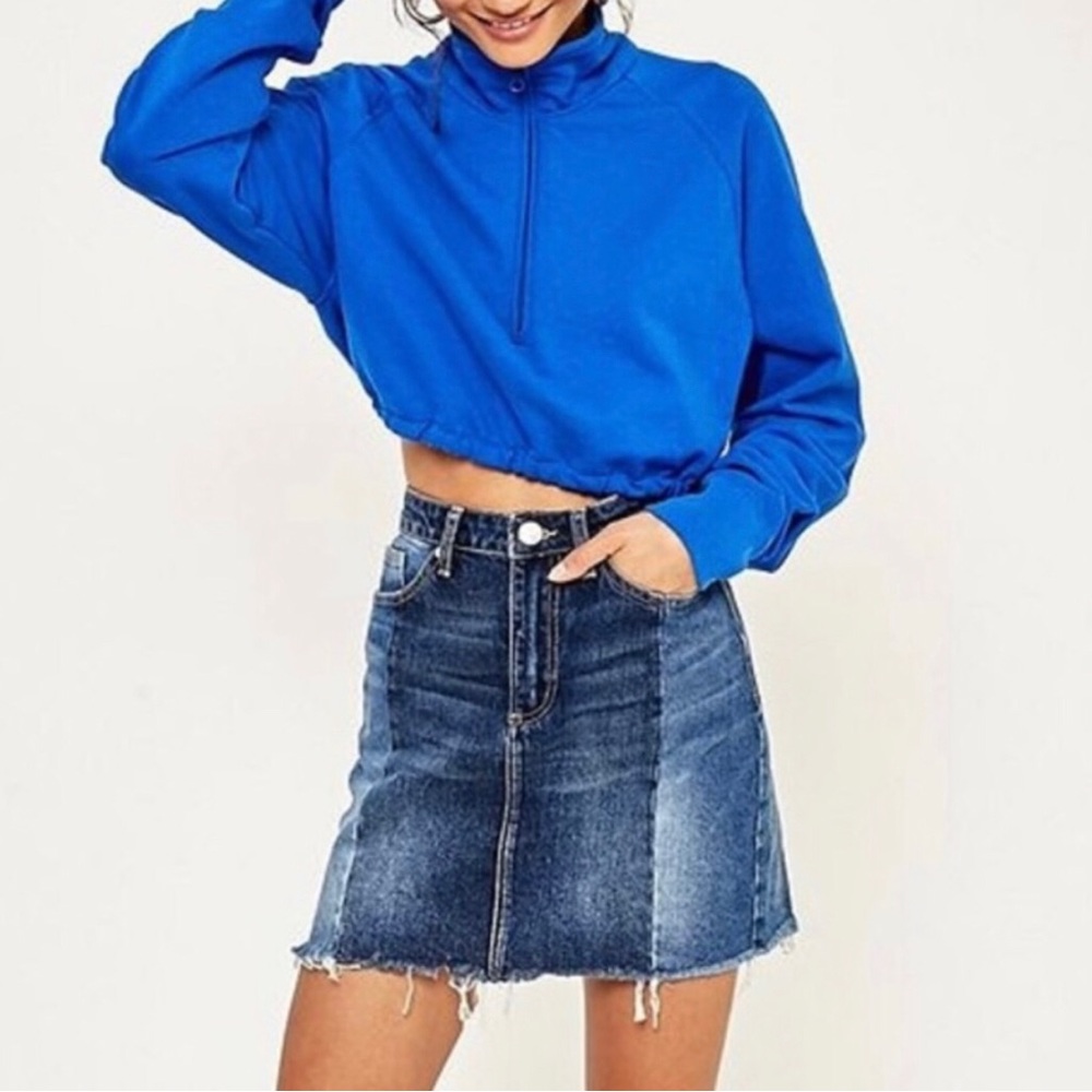 UO BDG Colorblock Patchwork Cotton Denim Cutoff Mini Skirt, Size Medium